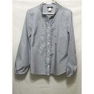 J. Crew‎ Womens XL Blue Striped Ruffle Neck & Ruffle Center 100% Cotton Shirt